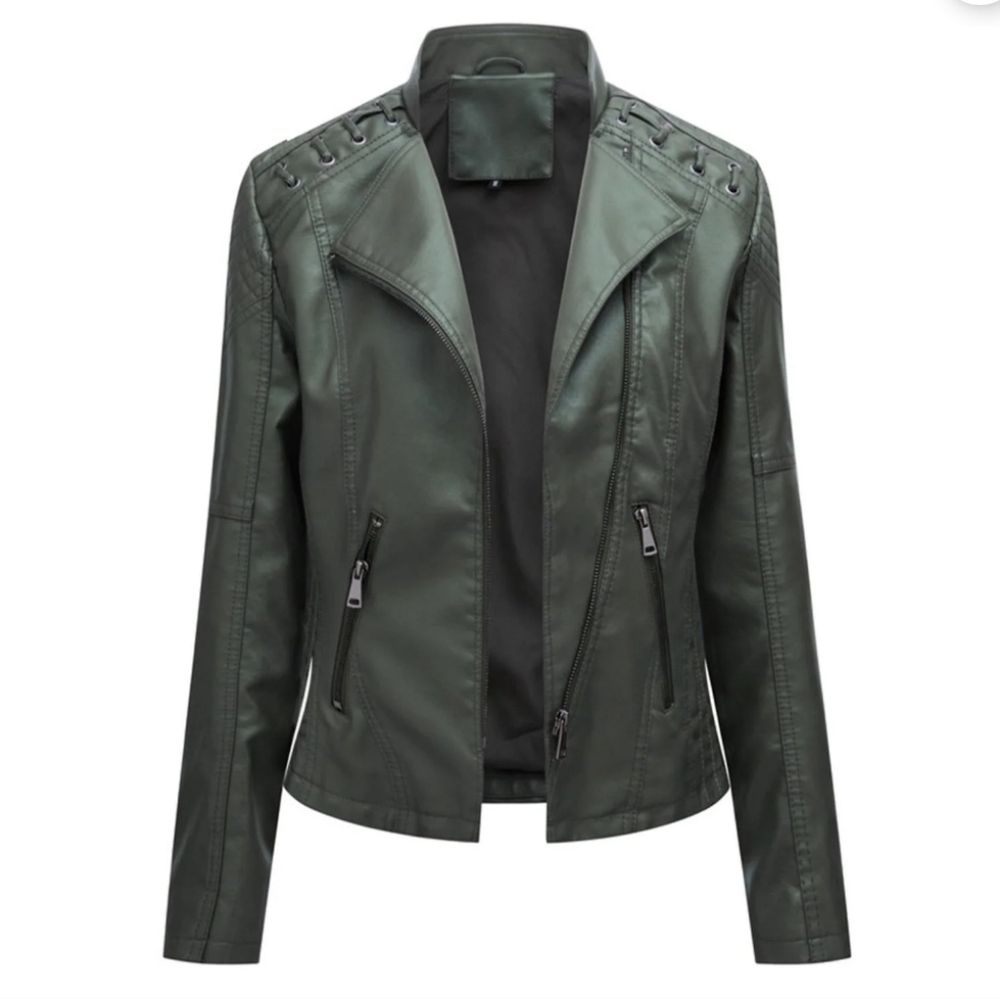 Slim Fit Leather Jacket Womens Thin Lapel Collar Motorcycle Jacket